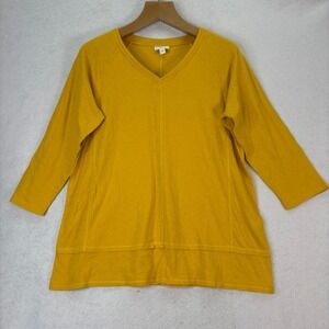 J. Jill Yellow Cotton V-Neck 3/4 Sleeve Tunic Top Womens L Classic Casual Office